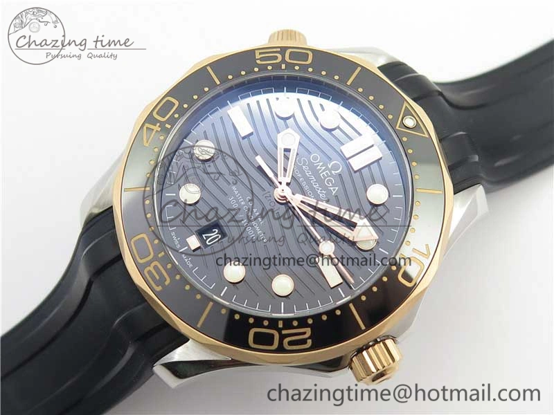 2018 Seamaster Diver 300M SS RG VSF 1:1 Best Edition RG Bezel Black Dial on Black Rubber Strap A8800