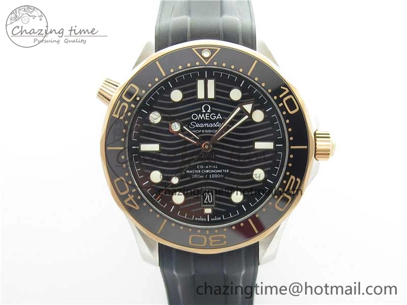 2018 Seamaster Diver 300M SS RG VSF 1:1 Best Edition RG Bezel Black Dial on Black Rubber Strap A8800