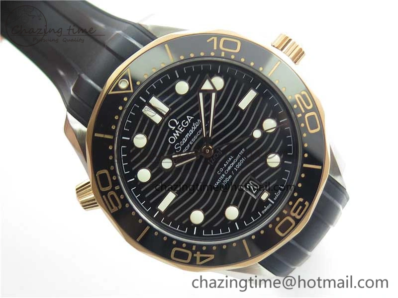 2018 Seamaster Diver 300M SS RG VSF 1:1 Best Edition RG Bezel Black Dial on Black Rubber Strap A8800