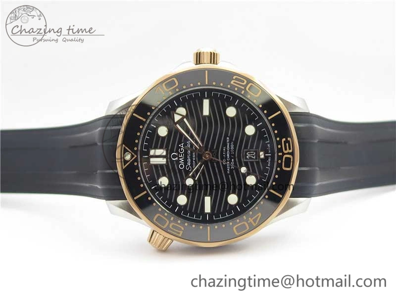 2018 Seamaster Diver 300M SS RG VSF 1:1 Best Edition RG Bezel Black Dial on Black Rubber Strap A8800