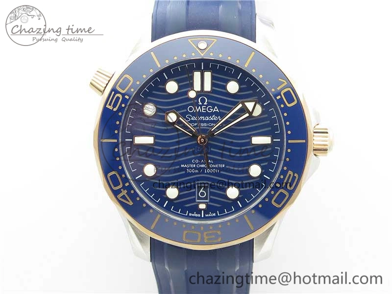 2018 Seamaster Diver 300M SS RG VSF 1:1 Best Edition RG Bezel Blue Dial on Blue Rubber Strap A8800