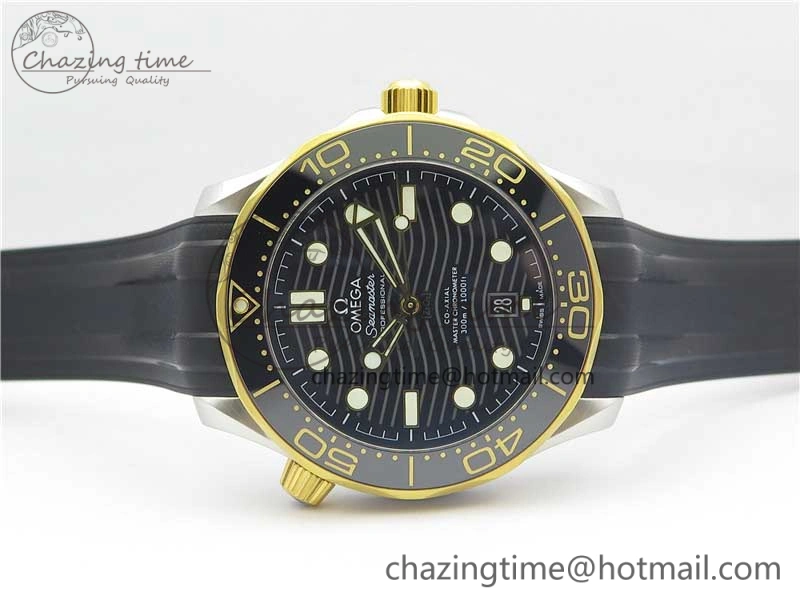 2018 Seamaster Diver 300M SS YG VSF 1:1 Best Edition YG Bezel Black Dial on Black Rubber Strap A8800