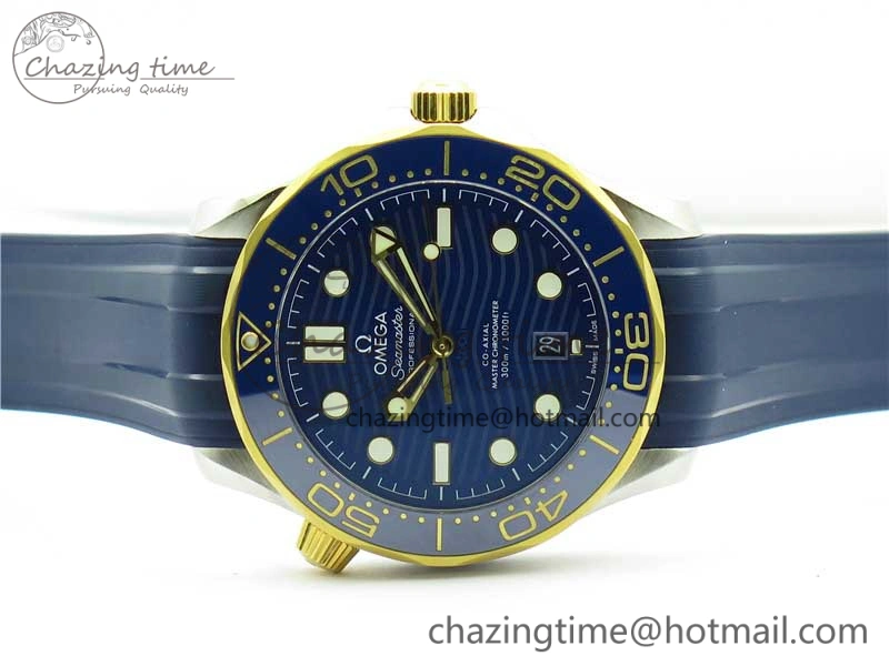 2018 Seamaster Diver 300M SS YG VSF 1:1 Best Edition YG Bezel Blue Dial on Blue Rubber Strap A8800