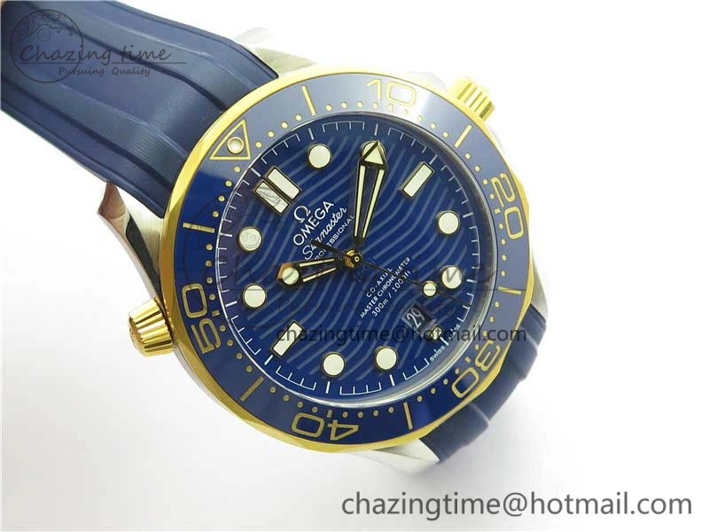 2018 Seamaster Diver 300M SS YG VSF 1:1 Best Edition YG Bezel Blue Dial on Blue Rubber Strap A8800