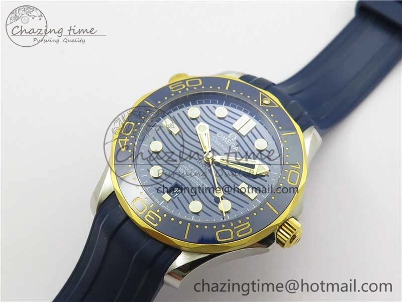 2018 Seamaster Diver 300M SS YG VSF 1:1 Best Edition YG Bezel Blue Dial on Blue Rubber Strap A8800
