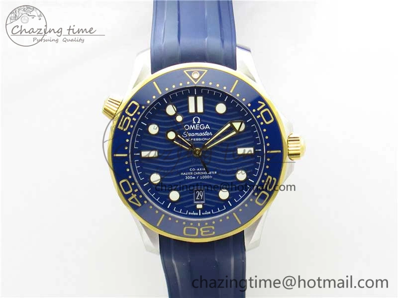 2018 Seamaster Diver 300M SS YG VSF 1:1 Best Edition YG Bezel Blue Dial on Blue Rubber Strap A8800