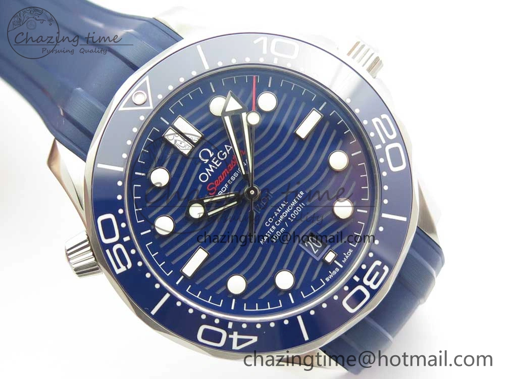 2018 Seamaster Diver 300M VSF 1:1 Best Edition Blue Ceramic Blue Dial on Blue Rubber Strap A8800 V2 (Black Balance Wheel)