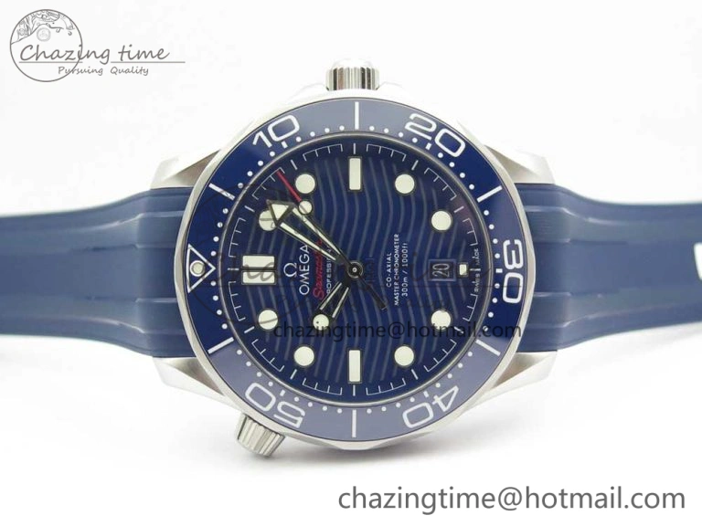 2018 Seamaster Diver 300M VSF 1:1 Best Edition Blue Ceramic Blue Dial on Blue Rubber Strap A8800 V2 (Black Balance Wheel)