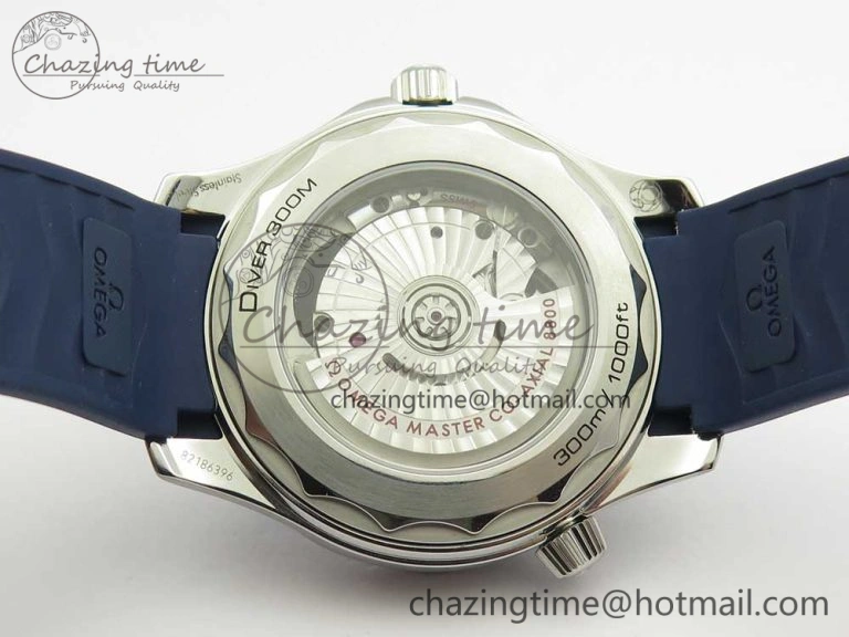 2018 Seamaster Diver 300M VSF 1:1 Best Edition Blue Ceramic Gray Dial on Blue Rubber Strap A8800 V2 (Black Balance Wheel)