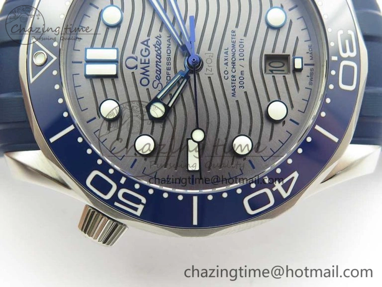 2018 Seamaster Diver 300M VSF 1:1 Best Edition Blue Ceramic Gray Dial on Blue Rubber Strap A8800 V2 (Black Balance Wheel)