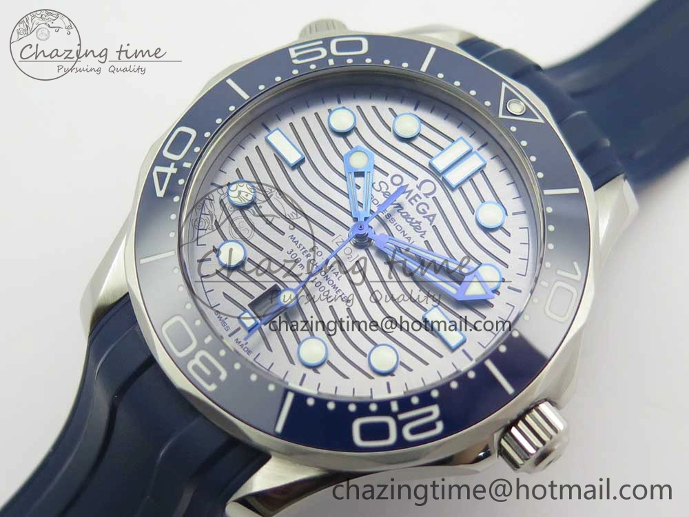 2018 Seamaster Diver 300M VSF 1:1 Best Edition Blue Ceramic Gray Dial on Blue Rubber Strap A8800 V2 (Black Balance Wheel)