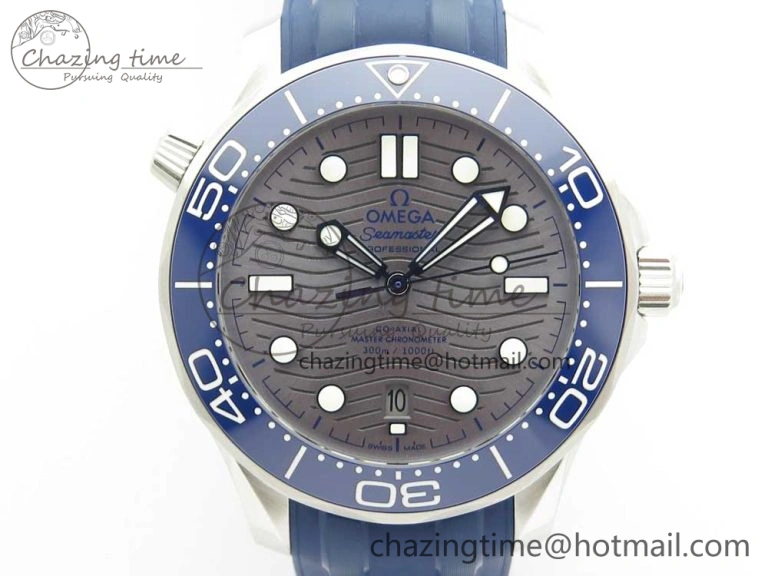 2018 Seamaster Diver 300M VSF 1:1 Best Edition Blue Ceramic Gray Dial on Blue Rubber Strap A8800 V2 (Black Balance Wheel)