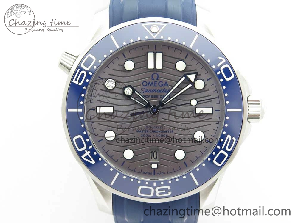 2018 Seamaster Diver 300M VSF 1:1 Best Edition Blue Ceramic Gray Dial on Blue Rubber Strap A8800 V2 (Black Balance Wheel)