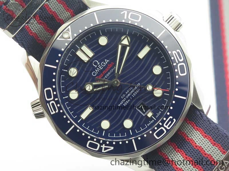 2018 Seamaster Diver 300M VSF Best Edition Blue Ceramic Dial on Blue Red Gray Nato Strap A8800