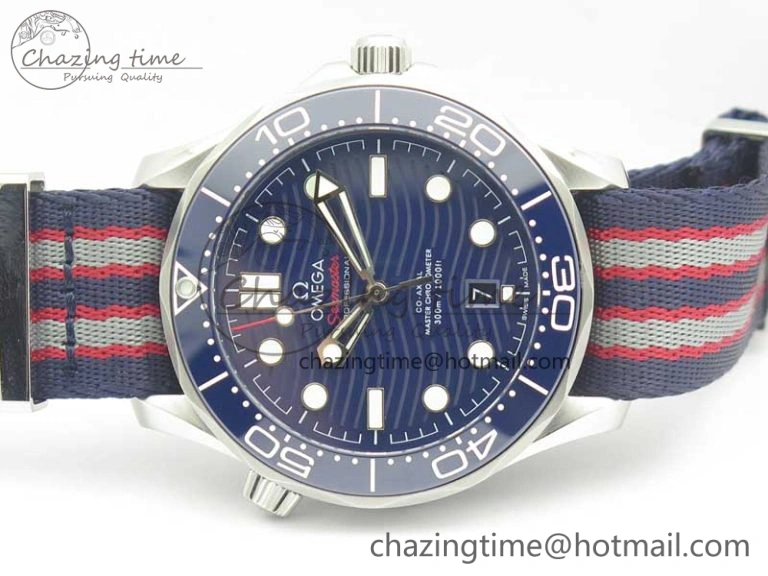 2018 Seamaster Diver 300M VSF Best Edition Blue Ceramic Dial on Blue Red Gray Nato Strap A8800