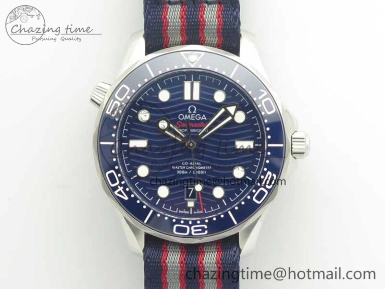 2018 Seamaster Diver 300M VSF Best Edition Blue Ceramic Dial on Blue Red Gray Nato Strap A8800