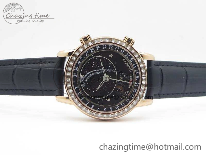 6102P Moon RG Black Dial Diamond Bezel On Leather Strap A240