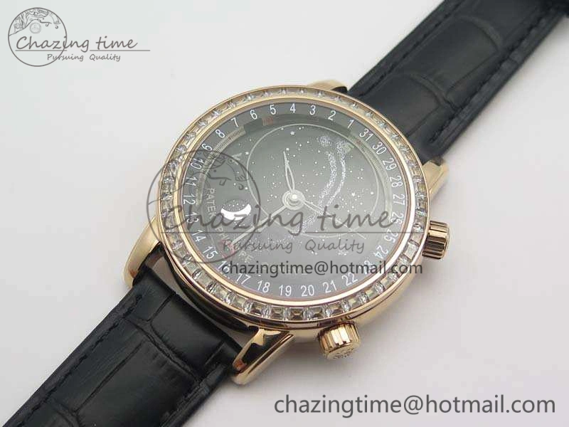 6102P Moon RG Black Dial Diamond Bezel On Leather Strap A240
