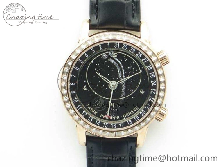 6102P Moon RG Black Dial Diamond Bezel On Leather Strap A240