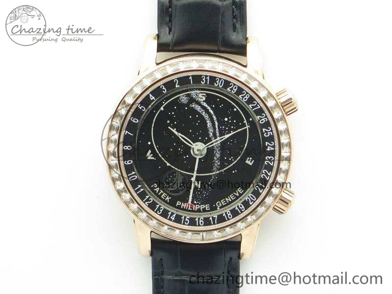 6102P Moon RG Black Dial Diamond Bezel On Leather Strap A240