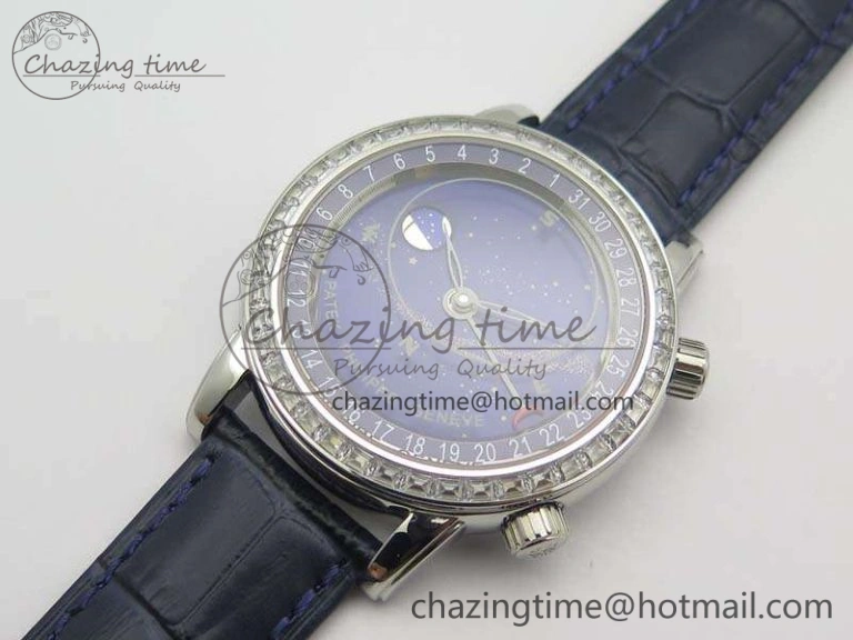 6102P Moon SS Blue Dial Diamond Bezel On Leather Strap A240
