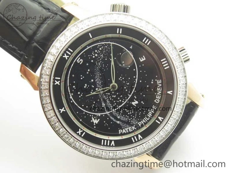 6104P Moon RG Diamond Bezel Black Dial on Black Leather Strap A240 V2