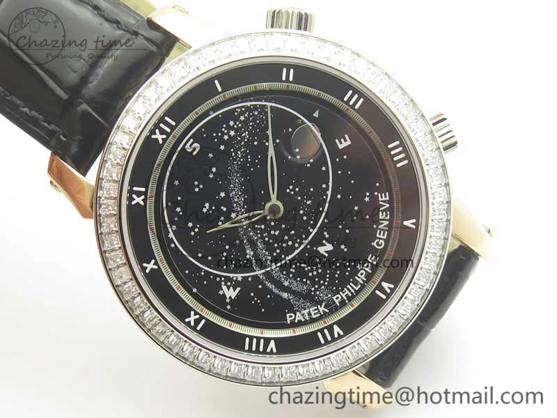 6104P Moon RG Diamond Bezel Black Dial on Black Leather Strap A240 V2