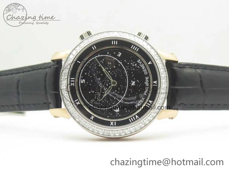 6104P Moon RG Diamond Bezel Black Dial on Black Leather Strap A240 V2