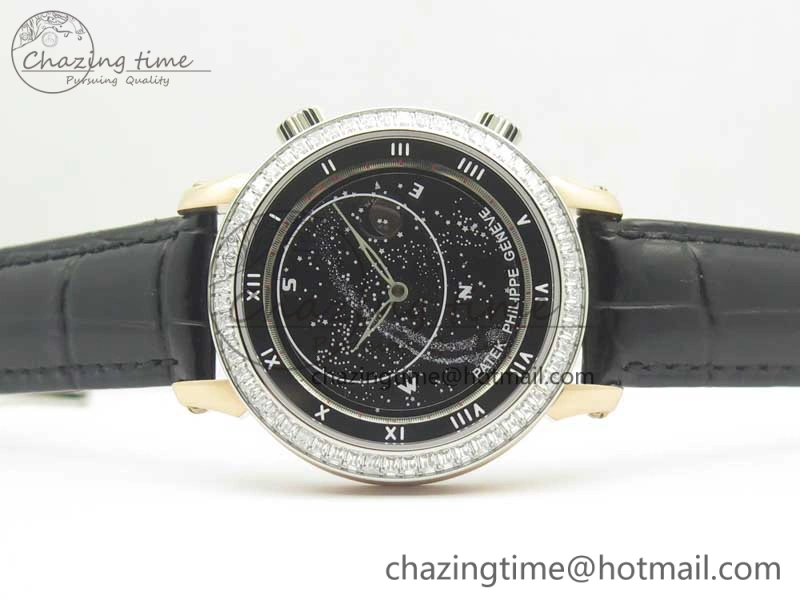 6104P Moon RG Diamond Bezel Black Dial on Black Leather Strap A240 V2