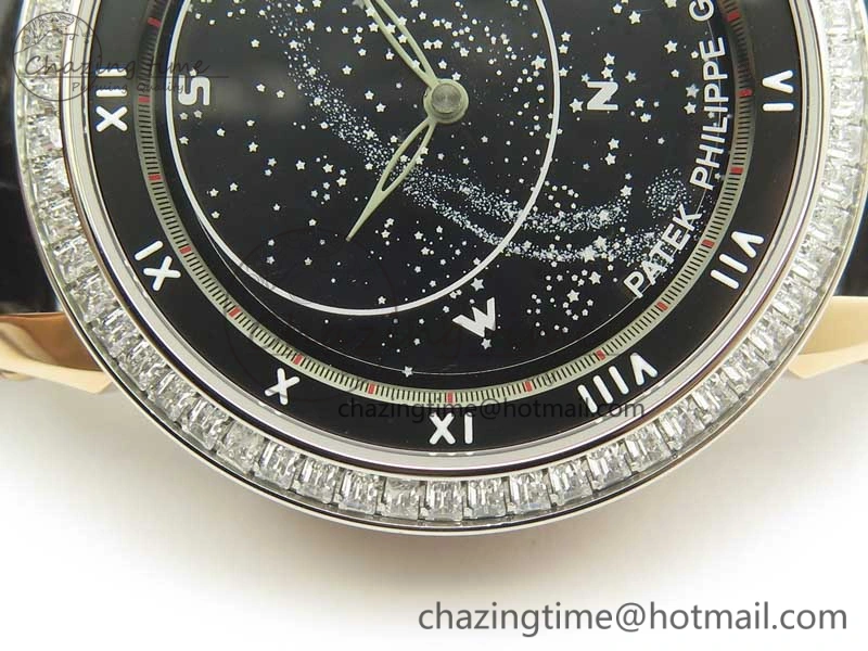 6104P Moon RG Diamond Bezel Black Dial on Black Leather Strap A240 V2