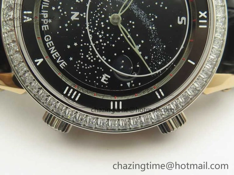 6104P Moon RG Diamond Bezel Black Dial on Black Leather Strap A240 V2
