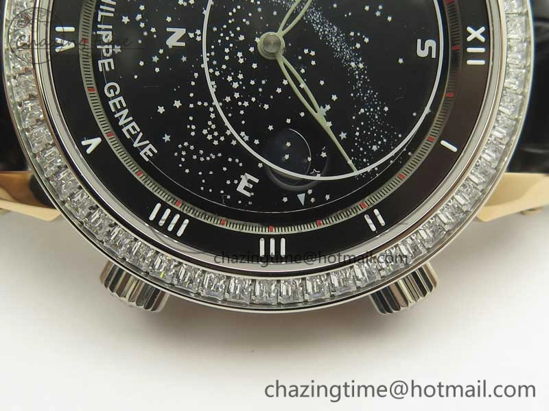 6104P Moon RG Diamond Bezel Black Dial on Black Leather Strap A240 V2