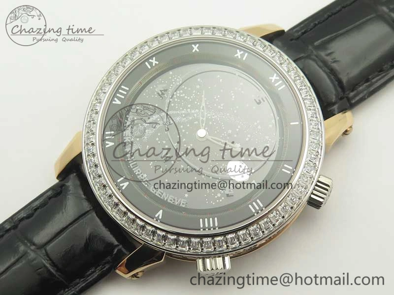 6104P Moon RG Diamond Bezel Black Dial on Black Leather Strap A240 V2