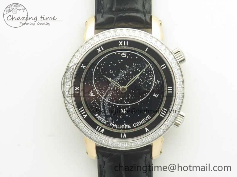 6104P Moon RG Diamond Bezel Black Dial on Black Leather Strap A240 V2