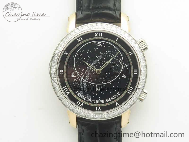 6104P Moon RG Diamond Bezel Black Dial on Black Leather Strap A240 V2