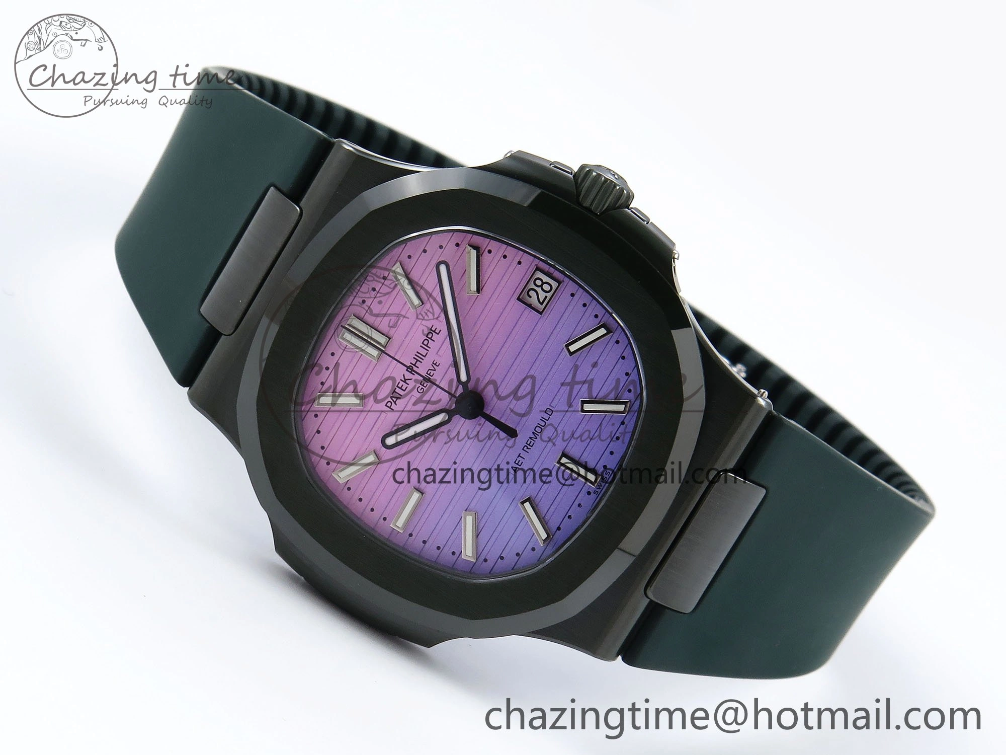 AET Nautilus 5711 Green Ceramic AMGF Best Edition Purple Pink Dial on Green Rubber Strap MIYOTA 9015