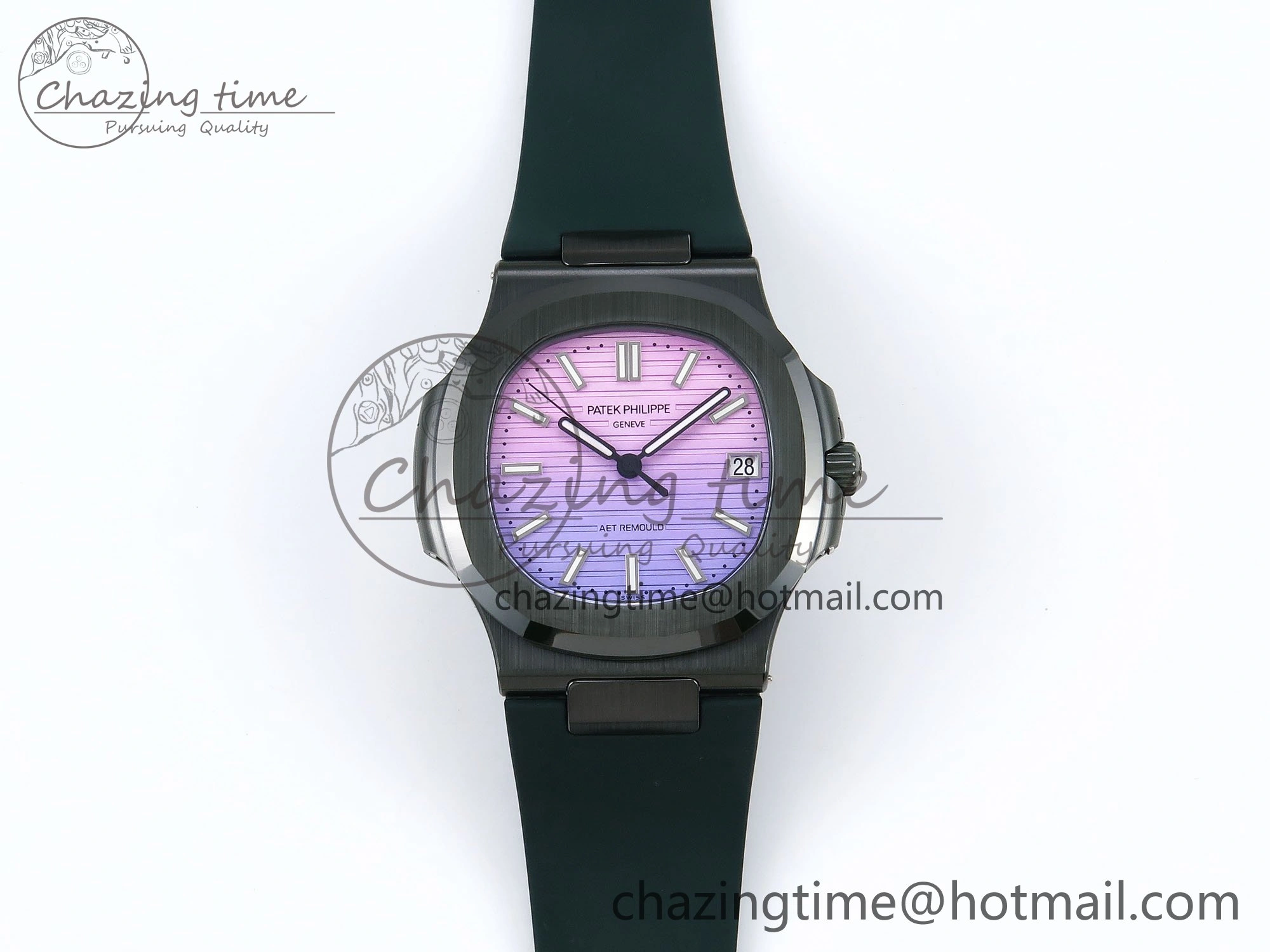 AET Nautilus 5711 Green Ceramic AMGF Best Edition Purple Pink Dial on Green Rubber Strap MIYOTA 9015
