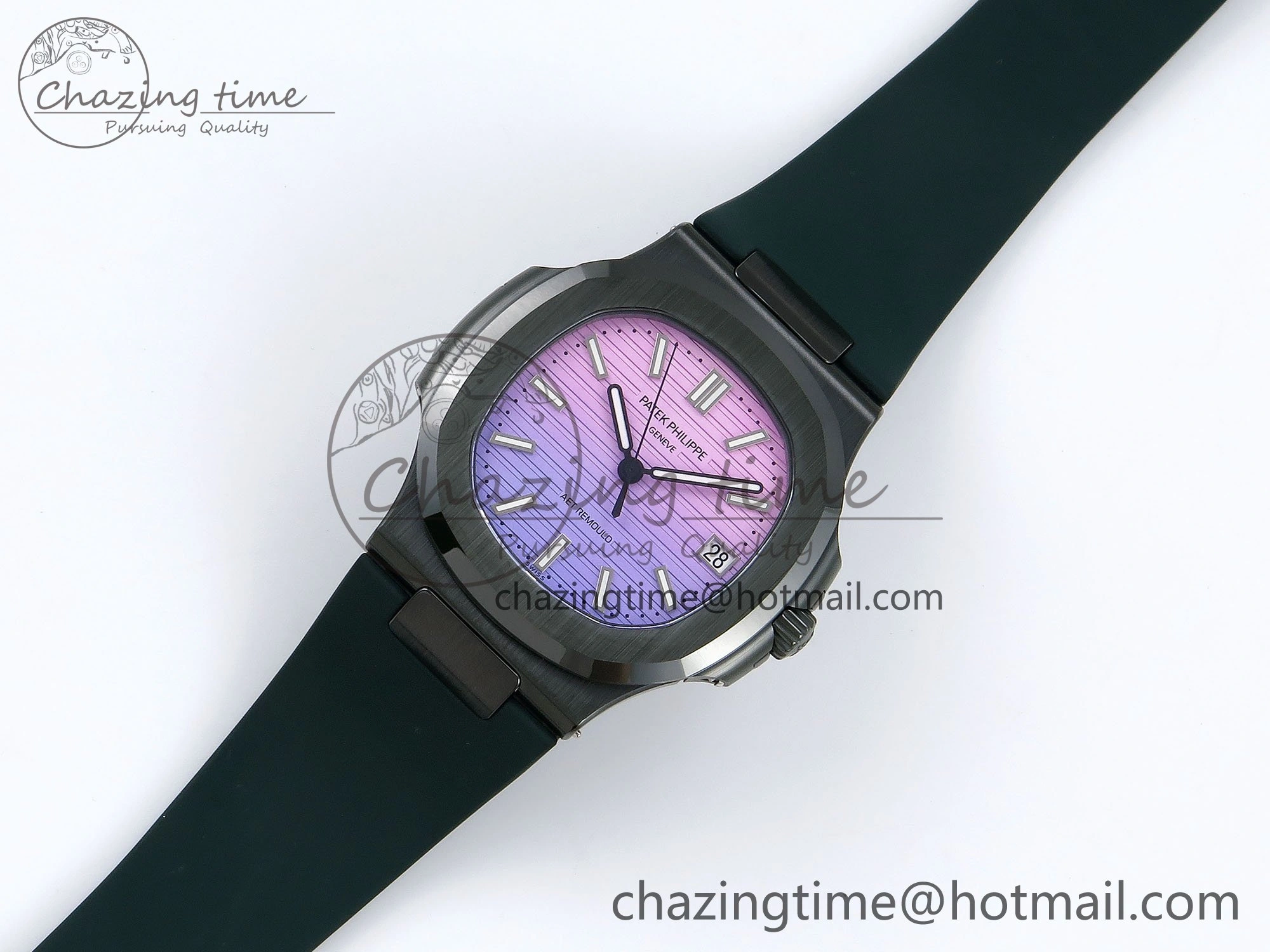 AET Nautilus 5711 Green Ceramic AMGF Best Edition Purple Pink Dial on Green Rubber Strap MIYOTA 9015