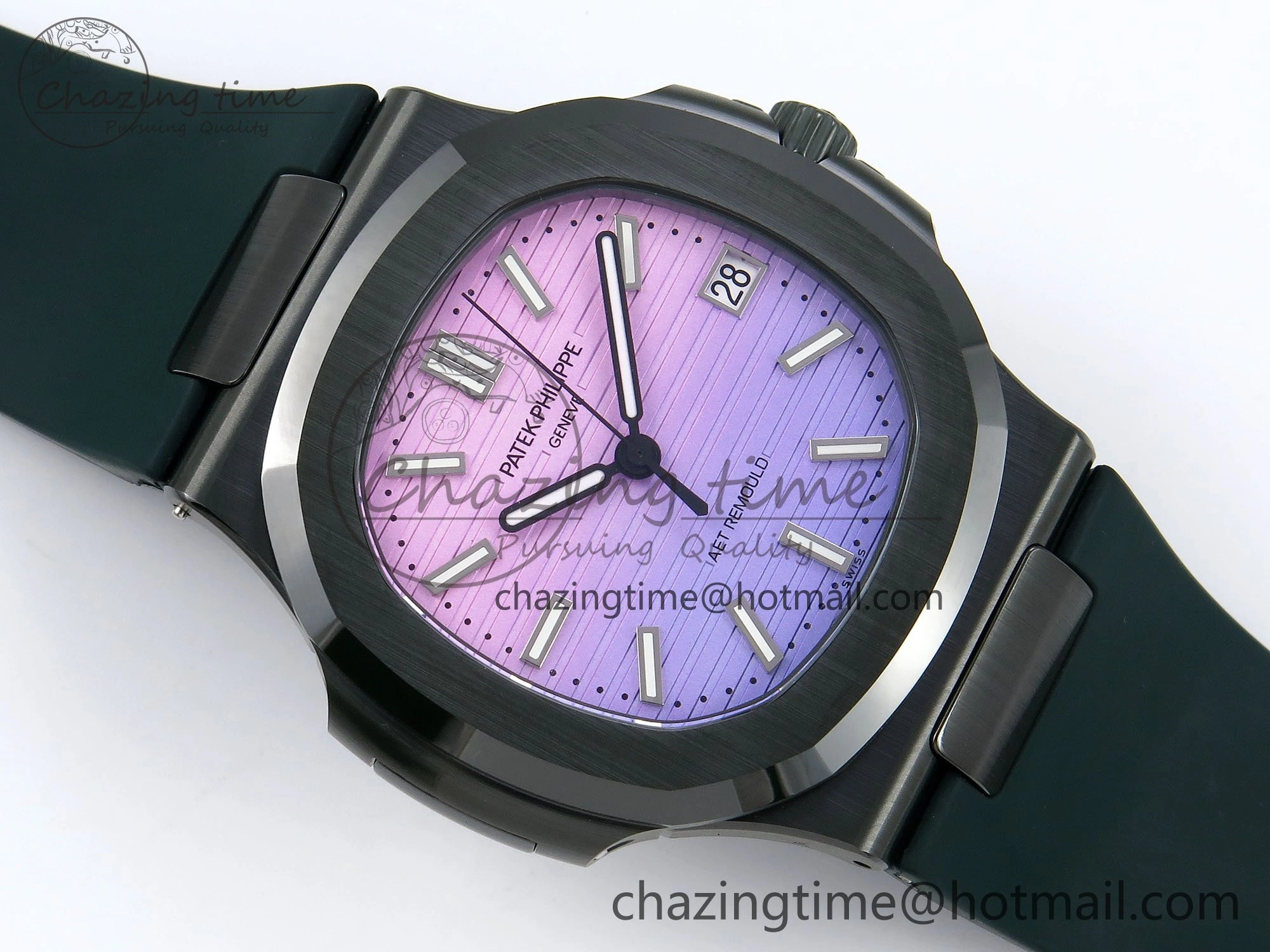 AET Nautilus 5711 Green Ceramic AMGF Best Edition Purple Pink Dial on Green Rubber Strap MIYOTA 9015