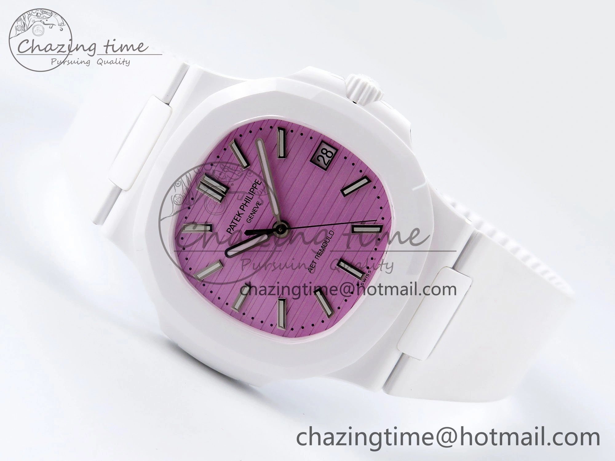 AET Nautilus 5711 White Ceramic AMGF Best Edition Pink Dial on White Rubber Strap MIYOTA 9015
