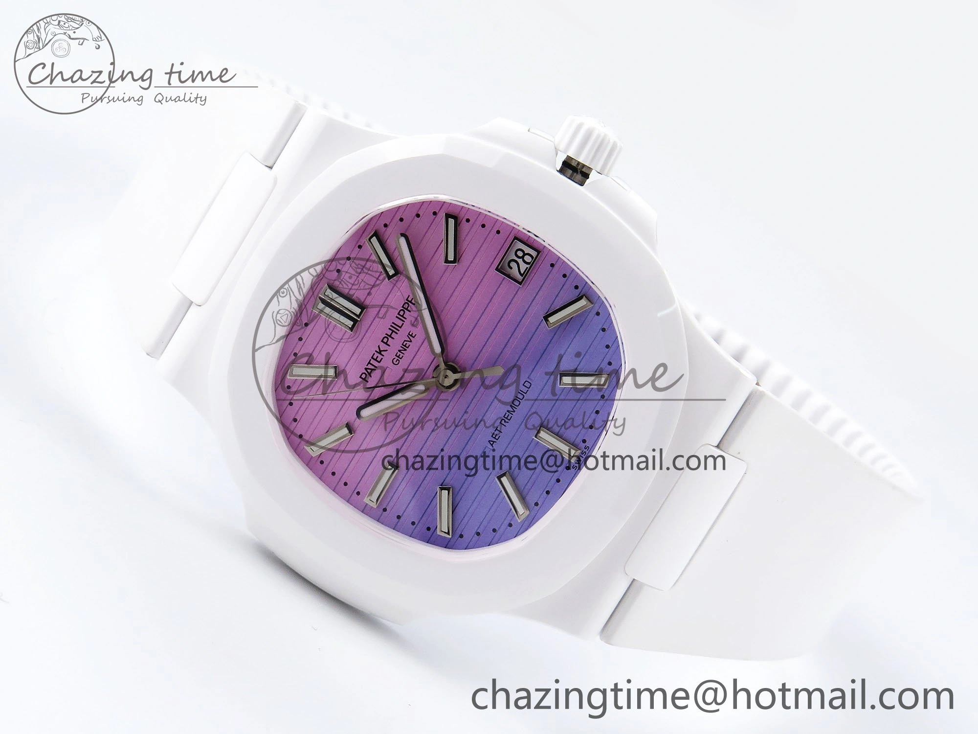 AET Nautilus 5711 White Ceramic AMGF Best Edition Purple Pink Dial on White Rubber Strap MIYOTA 9015