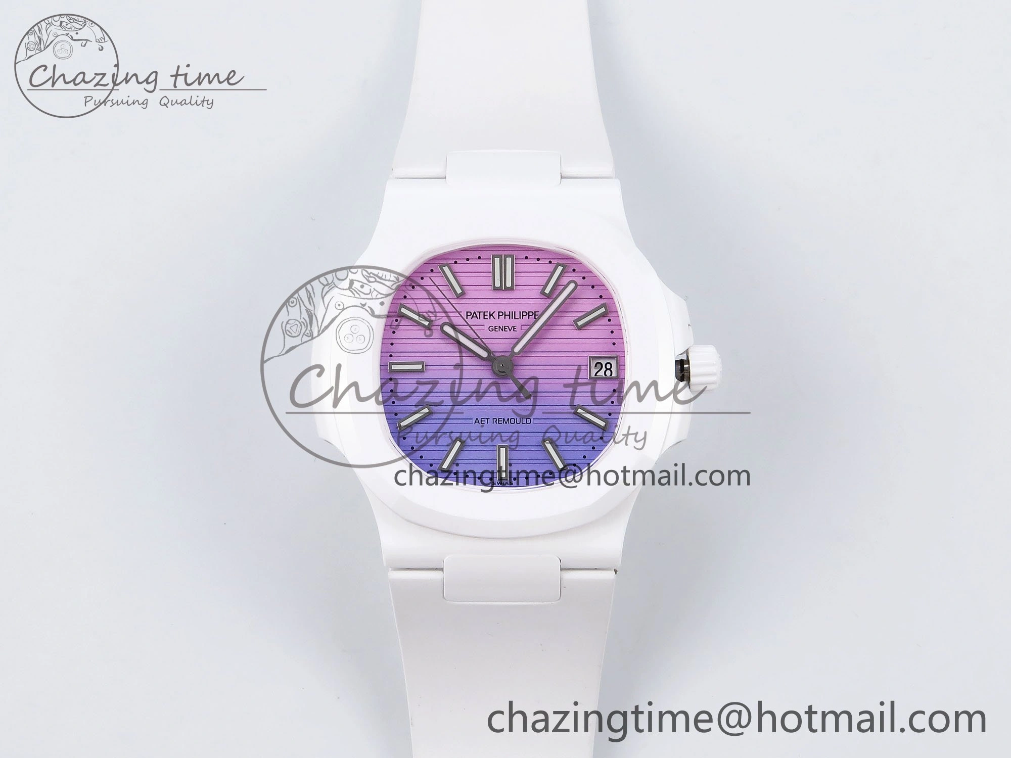 AET Nautilus 5711 White Ceramic AMGF Best Edition Purple Pink Dial on White Rubber Strap MIYOTA 9015