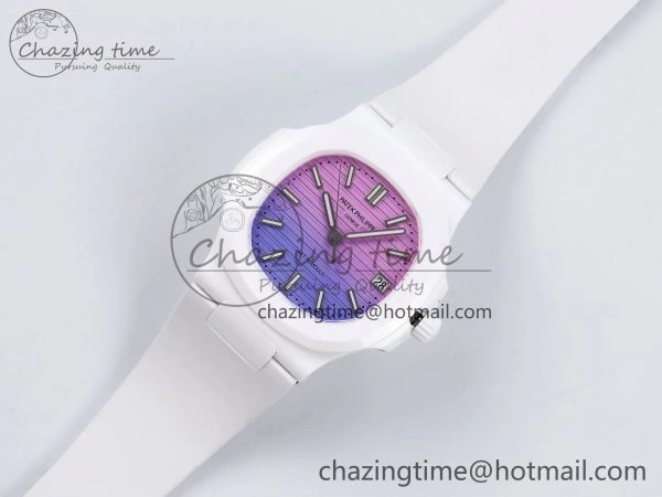 AET Nautilus 5711 White Ceramic AMGF Best Edition Purple Pink Dial on White Rubber Strap MIYOTA 9015