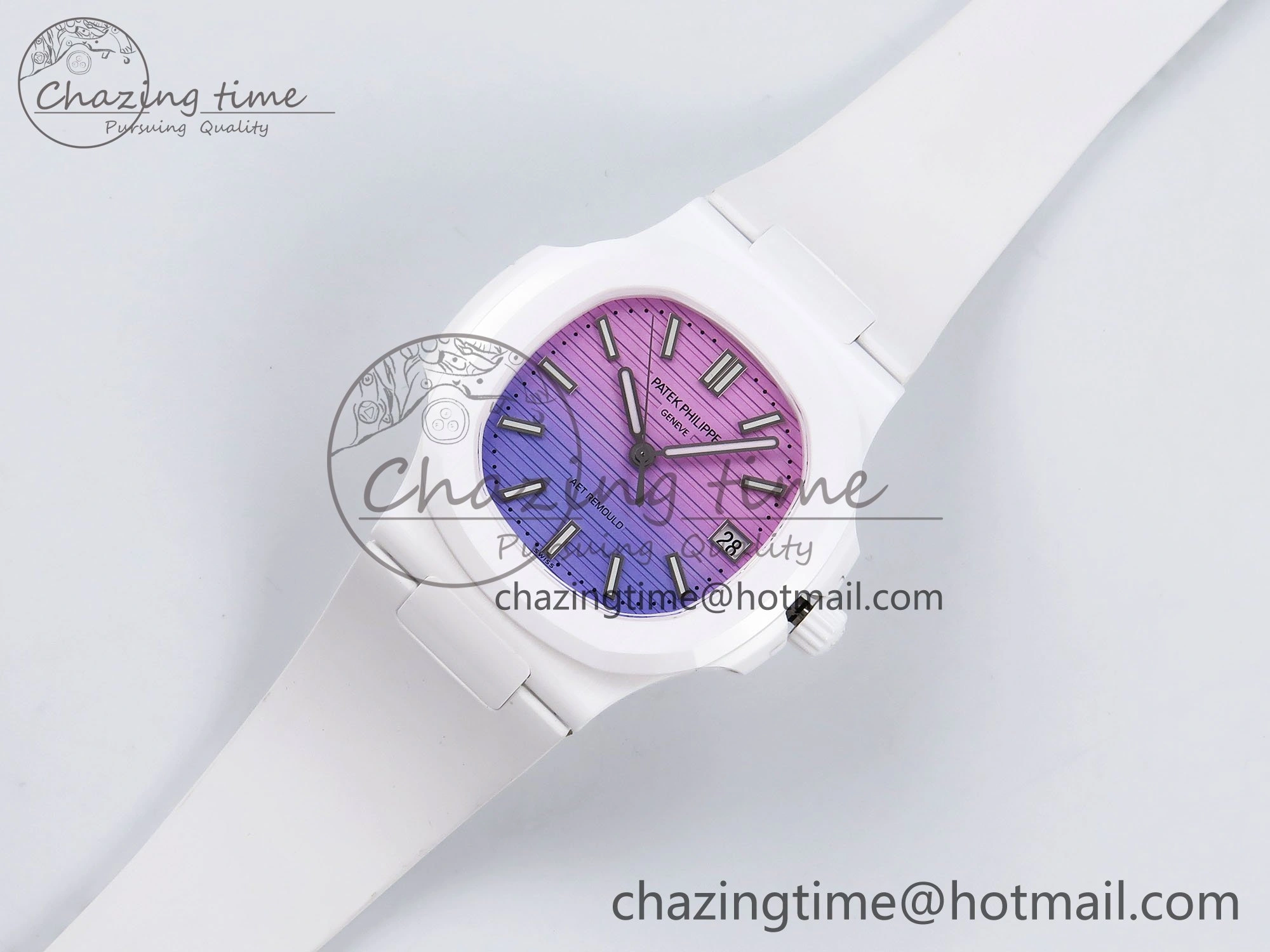 AET Nautilus 5711 White Ceramic AMGF Best Edition Purple Pink Dial on White Rubber Strap MIYOTA 9015