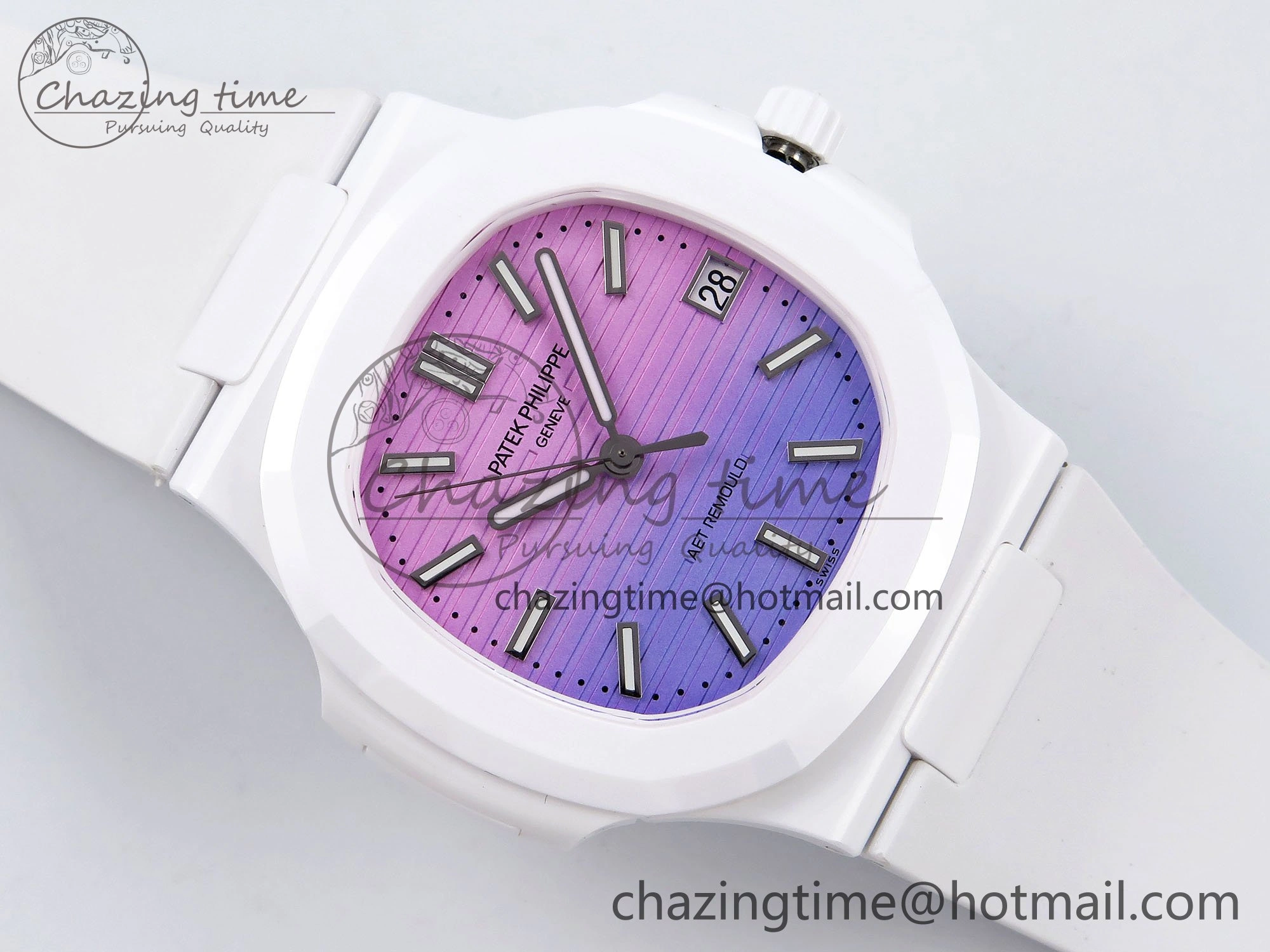 AET Nautilus 5711 White Ceramic AMGF Best Edition Purple Pink Dial on White Rubber Strap MIYOTA 9015
