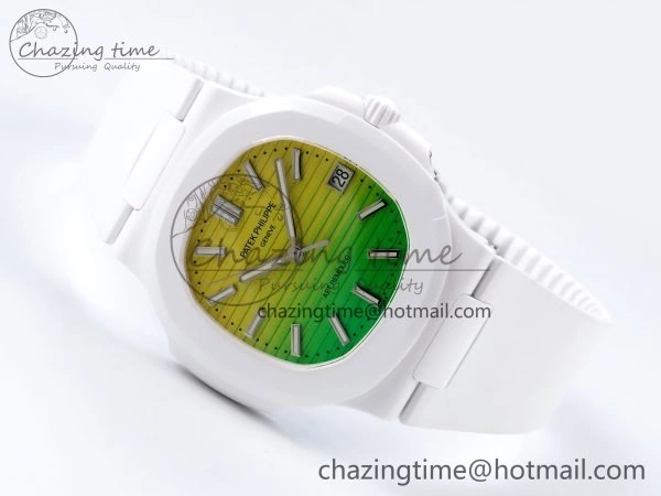AET Nautilus 5711 White Ceramic AMGF Best Edition Yellow Green Dial on White Rubber Strap MIYOTA 9015