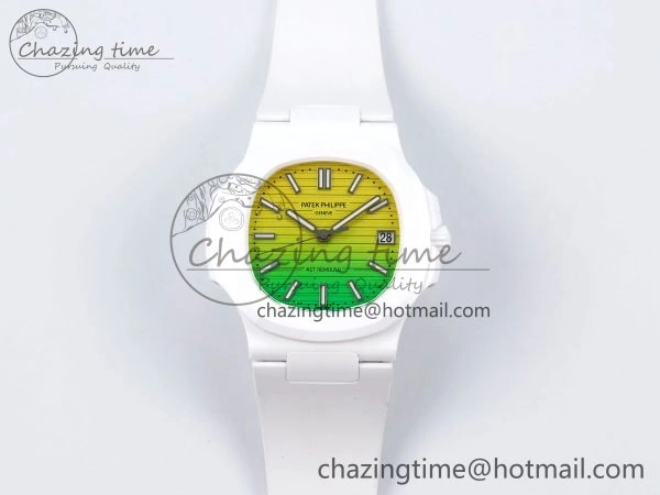 AET Nautilus 5711 White Ceramic AMGF Best Edition Yellow Green Dial on White Rubber Strap MIYOTA 9015