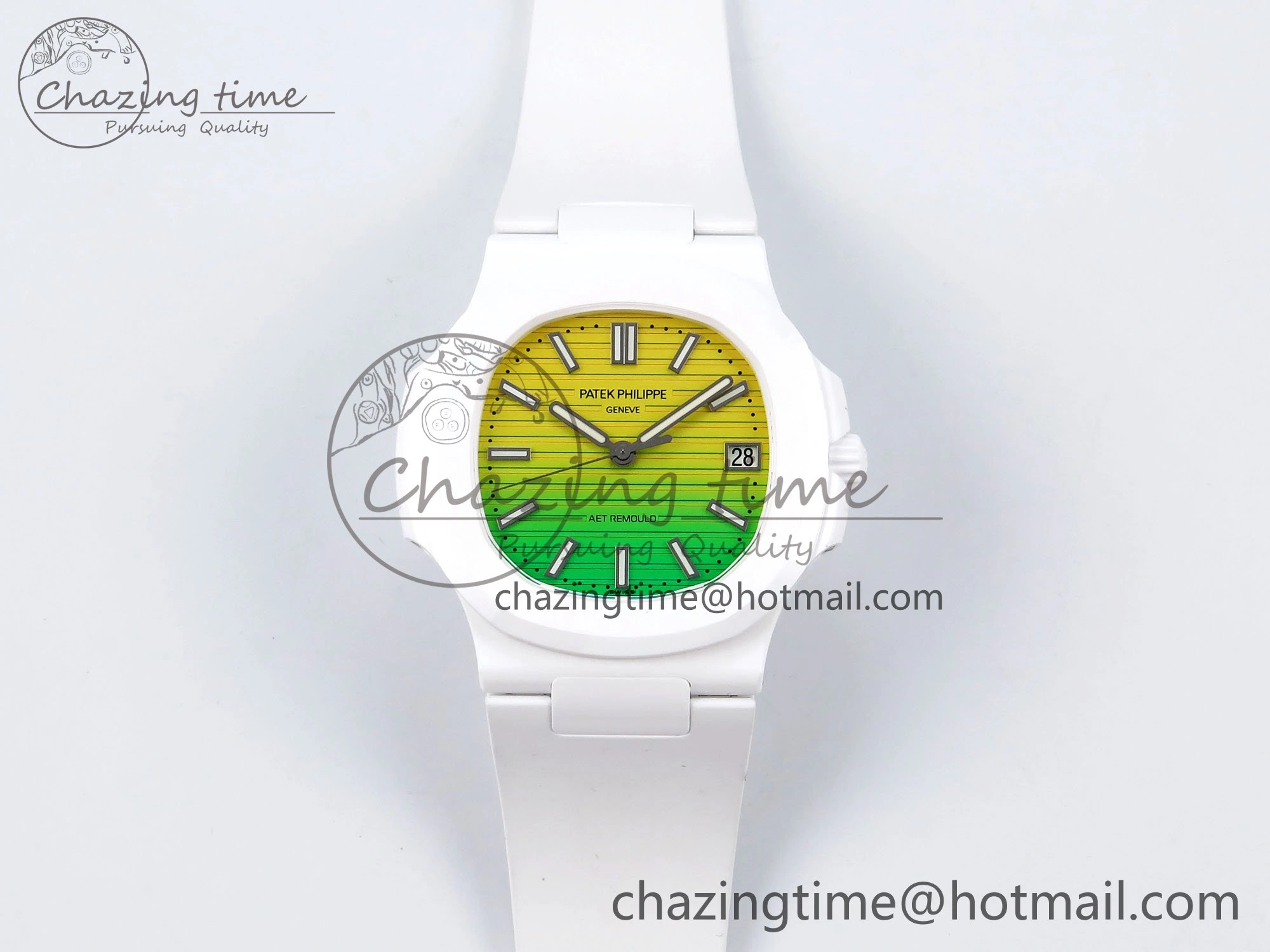 AET Nautilus 5711 White Ceramic AMGF Best Edition Yellow Green Dial on White Rubber Strap MIYOTA 9015