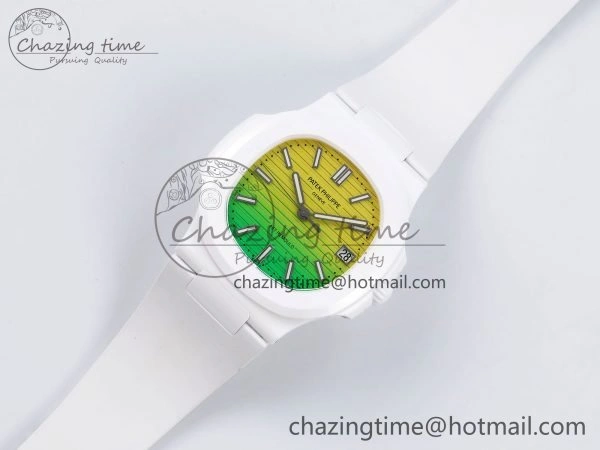 AET Nautilus 5711 White Ceramic AMGF Best Edition Yellow Green Dial on White Rubber Strap MIYOTA 9015