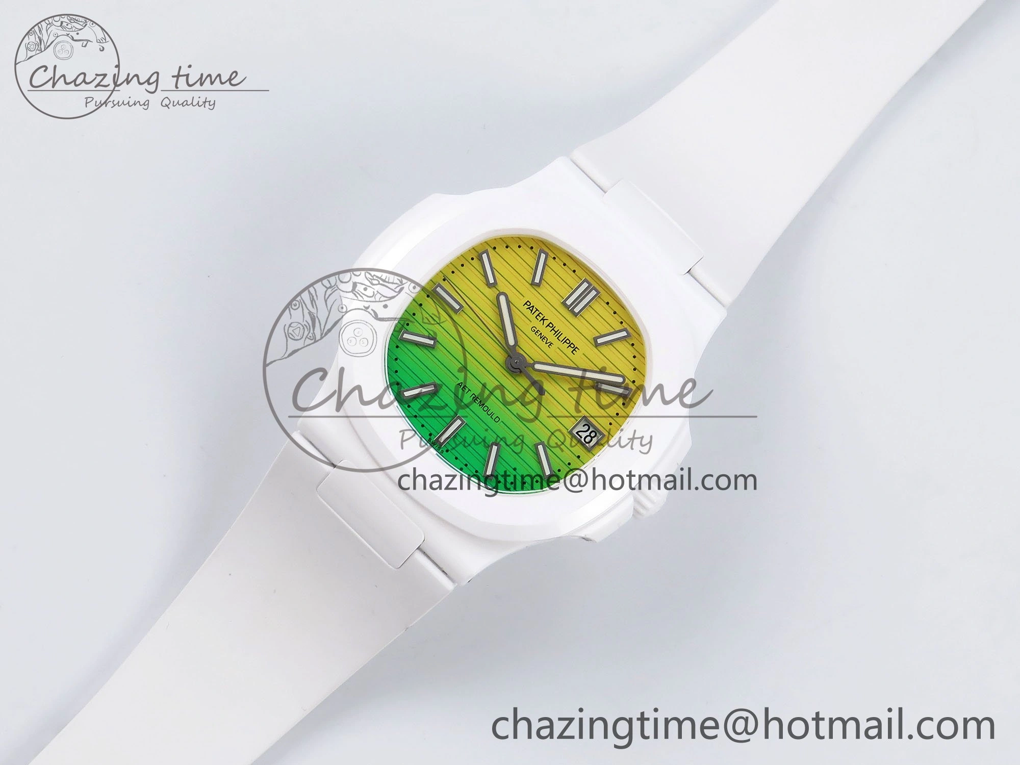 AET Nautilus 5711 White Ceramic AMGF Best Edition Yellow Green Dial on White Rubber Strap MIYOTA 9015